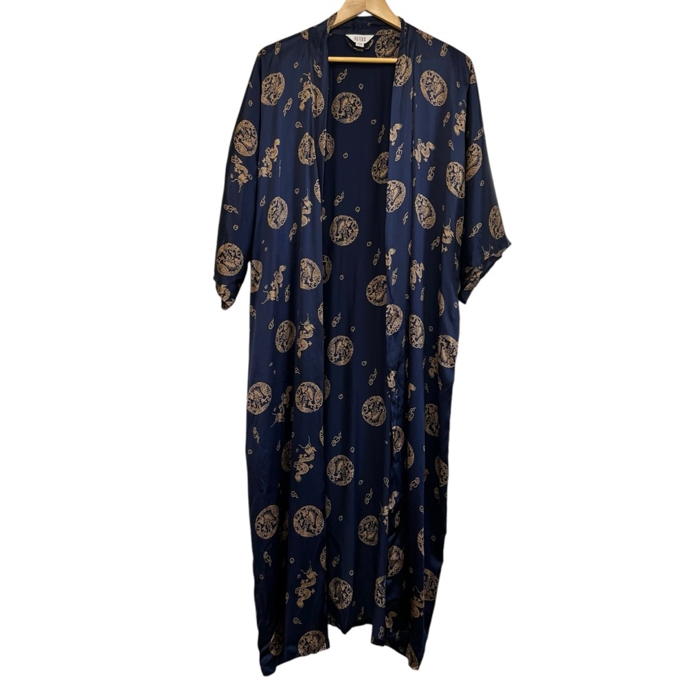 ASILK Asian Inspired Silk Kimono Robe Blue with Gold Dragon Pattern Large